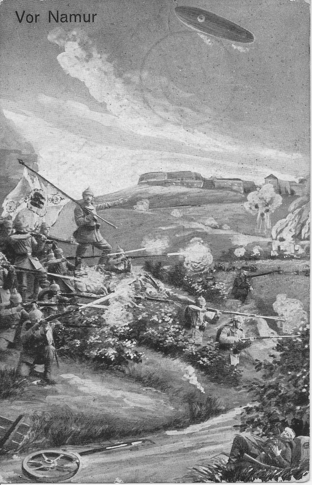 German forces — a standard bearer, and troops in picklehaube firing rifles, below a hilltop fortress. A Zeppelin is overhead, and a wounded Belgian soldier is in the foreground. Gray-tone.