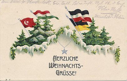 Embossed 1915 Christmas postcard with the the flags of Turkey, Bulgaria, Germany and the Hapsburg flag of Austria-Hungary.
Text:
Herzliche Weihnachts-Grüsse!
Merry Christmas!
Reverse:
Message dated December 21, 1915, postmarked from Cöln-Kalk, part of Cologne, Germany, the same day.