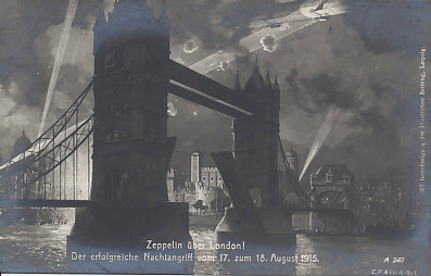 A Zeppelin in a searchlight's beam over London the night of August 17-18, 1915. In the foreground, Tower Bridge. Behind it, the Tower of London is illuminated by a bursting bomb. The dome of St. Paul's Cathedral rises in the distance.Naval First Lieutenant (Oberleutnant-zur-See) Friedrich Wenke commanding LZ.10 reached London the night of August 17, and reported he bombed the city between Blackfriars and London Bridges, resulting in great fires and the collapse of large buildings. He overestimated his damage, but hit a railroad station, a tramcar roundhouse, and some small houses, killing 10 and wounding 48.
Text:
Zeppelin über London!
Der erfolgreiche Nachtangriff vom 17. zum 18. August 1915.
A 340
E.P. & Co. A.G.L.
Mit Genehmigung der Illustrirten Zeitung, Leipzig.
Zeppelin over London!
The successful night raid on August 17-18 1915.
A 340
E. P. & Co. A.G.L.
With the approval of the Illustrirten Zeitung, Leipzig.
[Illustriert Zeitung? =  Illustrated Newspaper]