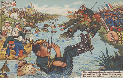 French postcard celebrating the Allied victory at the Battle of the Marne with the Kaiser tumbling in the river, Germans (in green) fleeing. The French in blue and red advance and tend to German wounded. The British, France's ally, advance in the distance.
Caption: Dans un élan magnifique, les armées allemandes on passé deux fois la Marne. Tout va bien. Les troupes sont fraîches. (Agence Wolff)
Caption: With magnificent élan, the German armies have crossed the Marne twice. All is well. The troops are fresh. (Wolff Agency)
Signs and text:
On demande couturière pour recoudre les boches
Voulez vous que j’écrive a vos parents?
Poudres sèches pour la guerre future 1873
Sucre pastilles caramelle
Baton provisoire de maréchal
We need a seamstress to mend the Boche
You want me to write to your parents?
Dry powder for future war 1873
Caramel sugar lozenges
Marshal’s provisional baton
Reverse:
"Artistic Caricatures" (1re Série de 6 cartes)