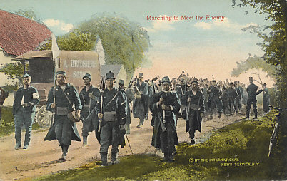 August, 1914 — Belgian troops marching to oppose Germany's invasion of their neutral country. Although overwhelmed, they slowed the German advance.
Text:
Marching to Meet the Enemy.
© by the International News Service, NY
Reverse:
Marching to Meet the Enemy.
Belgian troops moving towards the enemy. To English eyes they look slovenly and unkempt, but they have brilliantly proved their fighting quality.
W. C. A. 145