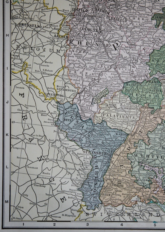 Detail from Cram's 1903 Railway Map of the German Empire with the states of the Empire: Elsass and Lothringen, or Alsace and Lorraine, the regions taken from France after the Franco-Prussian War of 1870-71.
