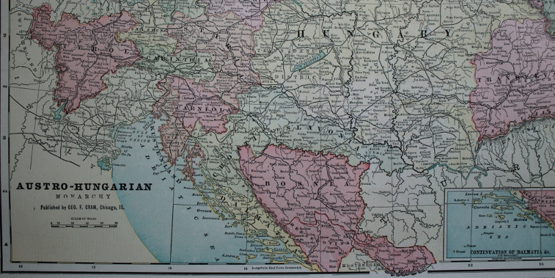 Detail of Cram's 1903 Railway Map of the Austro-Hungarian Empire showing the Tyrol and Bosnia-Herzegovina.