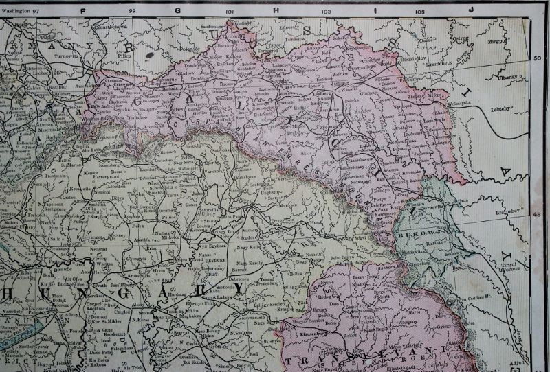 Detail from Cram's 1903 Railway Map of the Austro-Hungarian Empire showing Galicia and Bukovina.