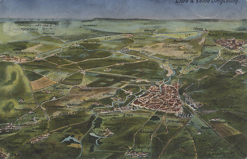 The fortress city of Lille, France with its citadel and the surrounding countryside. The British failed to hold Lille, which fell to German forces on ????. The Entente Allies continued the Race to the Sea, the North Sea, on the horizon, past Ypern, Ypres, where the British Expeditionary Force suffered heavy losses.
Other places on the postcard map include Armentieres, Messines, Wytschaete, and the River Lys.
Text:
Lille und seine Umgebung
Lille and its surrounding area