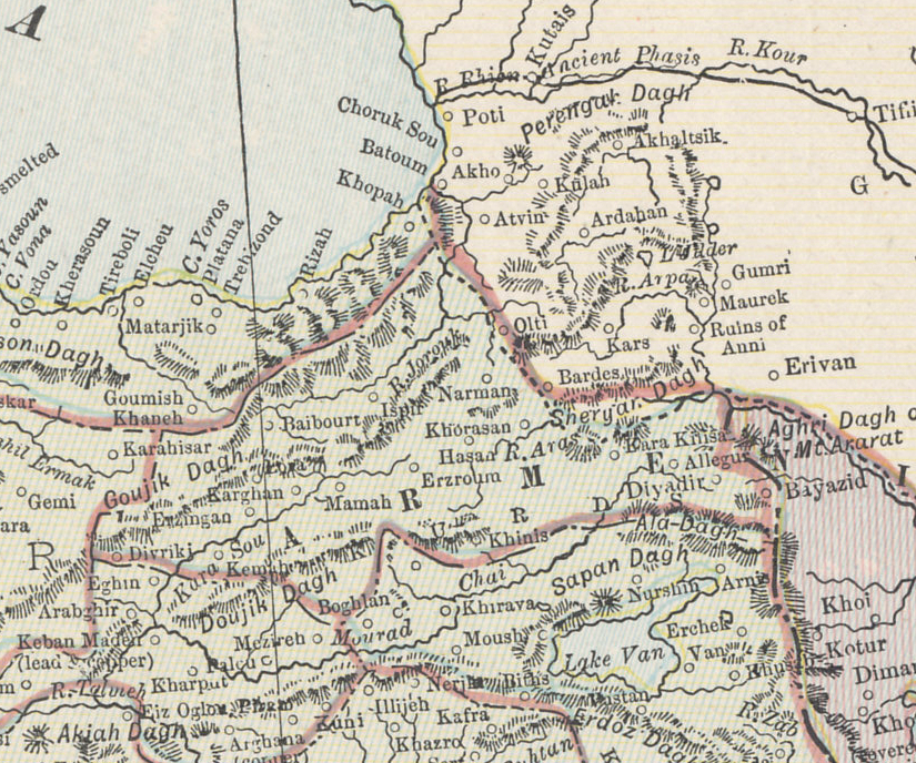 The Russo-Turkish frontier from Cram's 1896 Railway Map of the Turkish Empire. The Black Sea is in the northwest, Persia to the southeast. The area had a large Armenian and Christian population, and was a principal site of the Armenian Genocide and of Russian military successes.