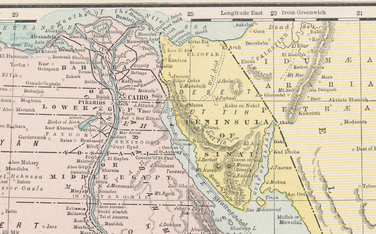 Northern Egypt, the Suez Canal, and Sinai from Cram's 1896 Railway Map of the Turkish Empire.