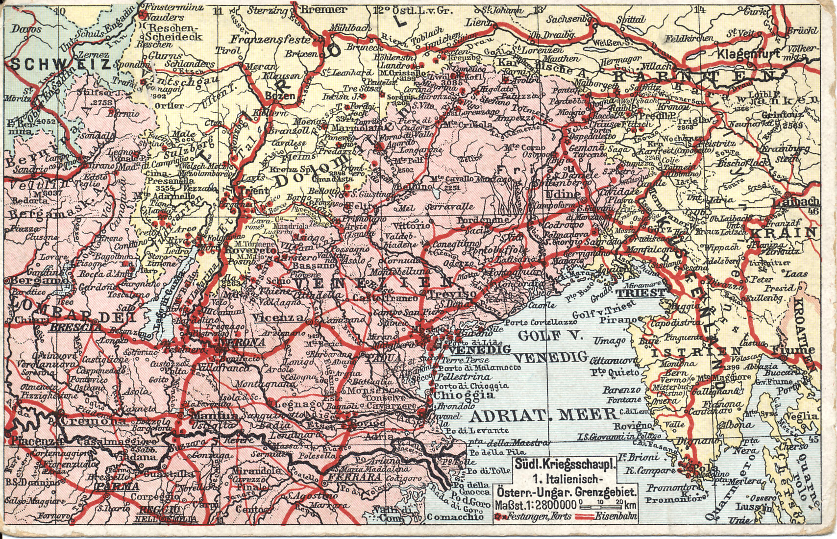 Map of northeastern Italy, the border with Austria-Hungary, and the northern Adriatic. Red lines mark railroads and red dots forts.
Text:
Südl. Kriegsschauplatz, 1. Italienisch-Österr.-Ungarn Grenzgebiet (Southern theater of operations. 1. Italian-Austrian-Hungarian border area)
Reverse:
Postkarte des südlichen (Ital.-Österr.-Ungar.) Kriegsschauplatzes Nr. 1. Import.
Logo LB