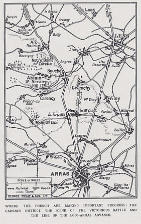 Map of the Artois region north of the city of Arras, France, from The Illustrated War News, Part 41, May 19, 1915. The French launched the Second Battle of Artois on May 9, 1915 to try to capture the heights of Notre Dame de Lorette and Vimy.
Text:
Where the French are making important progress: the Carency district, the scene of the victorious battle and the line of the Loos-Arras advance.