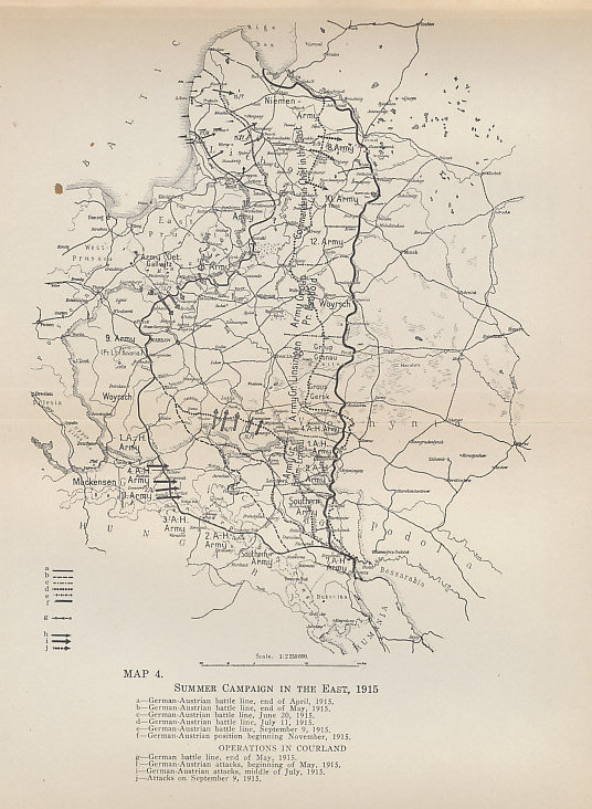 Map of the Eastern Front in the summer of 1915 as the German-Austro-Hungarian Gorlice-Tarnow Offensive continued to advance against the retreating Russians. From 'The German General Staff and its Decisions, 1914-1916' by General von Falkenhayn.
Text:
Map 4.
Summer Campaign in the East, 1915
a—German-Austrian battle line, end of April, 1915.
b—German-Austrian battle line, end of May, 1915.
c—German-Austrian battle line, June 20, 1915.
d—German-Austrian battle line, July 11, 1915.
e—German-Austrian battle line, September 9, 1915.
f—German-Austrian battle line, beginning November, 1915.
Operations in Courland
g—German battle line, end of May, 1915.
h—German-Austrian attacks, beginning of May, 1915.
i—German-Austrian attacks, middle of July, 1915.
j—Attacks on September 9, 1915.