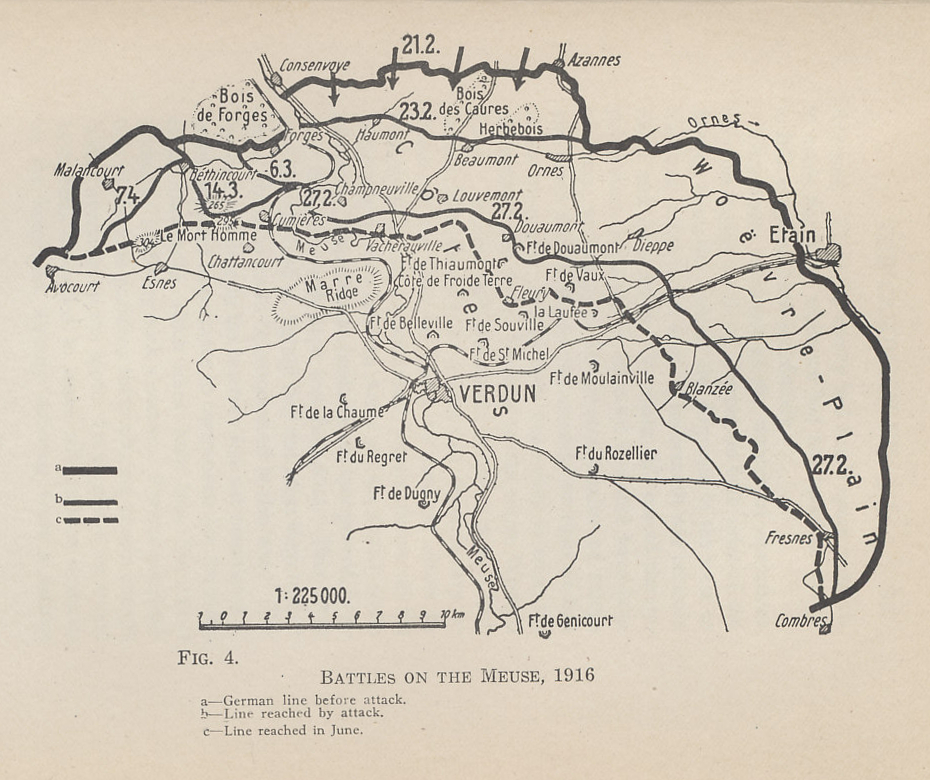 Map of the battlefield of Verdun, showing the line on February 21, 1916, when the initial bombardment began, the line reached in the first days of the offensive, and the line reached by June. From 'The German General Staff and its Decisions, 1914-1916' by General Erich von Falkenhayn, Chief of the German General Staff, who staked his position on the Battle for Verdun. He was replaced in August, 1916.
Text:
Battles on the Meuse, 1916
a—German line before attack
b—line reached by attack
c—line reached in June