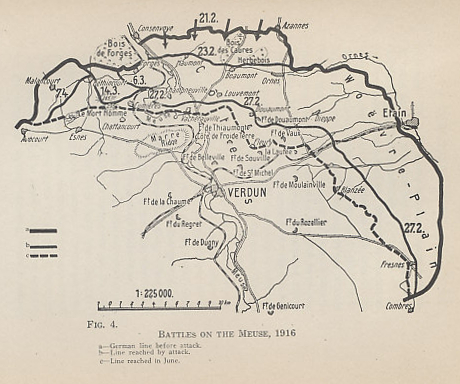 Map of the battlefield of Verdun, showing the line on February 21, 1916, when the initial bombardment began, the line reached in the first days of the offensive, and the line reached by June.