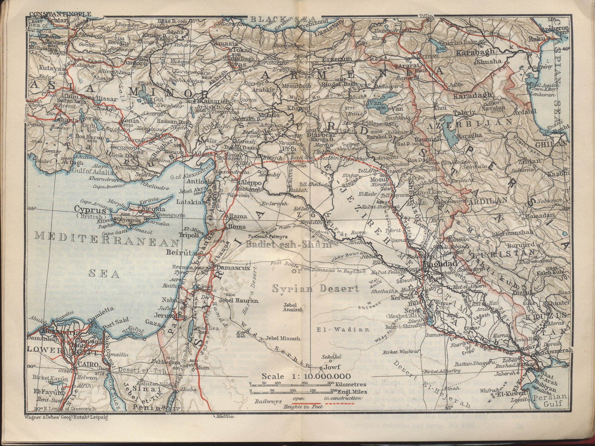 Map of Syria, Palestine, and Turkey from the Baedeker 1912 travel guide Palestine and Syria with Routes through Mesopotamia and Babylonia and with the Island of Cyprus.