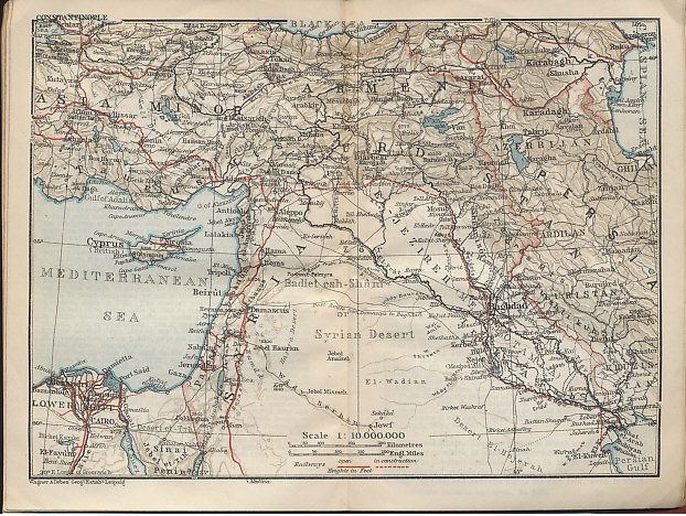 Map of Syria, Palestine, Turkey, and Mesopotamia from the Baedeker 1912 travel guide Palestine and Syria with Routes through Mesopotamia and Babylonia and with the Island of Cyprus.