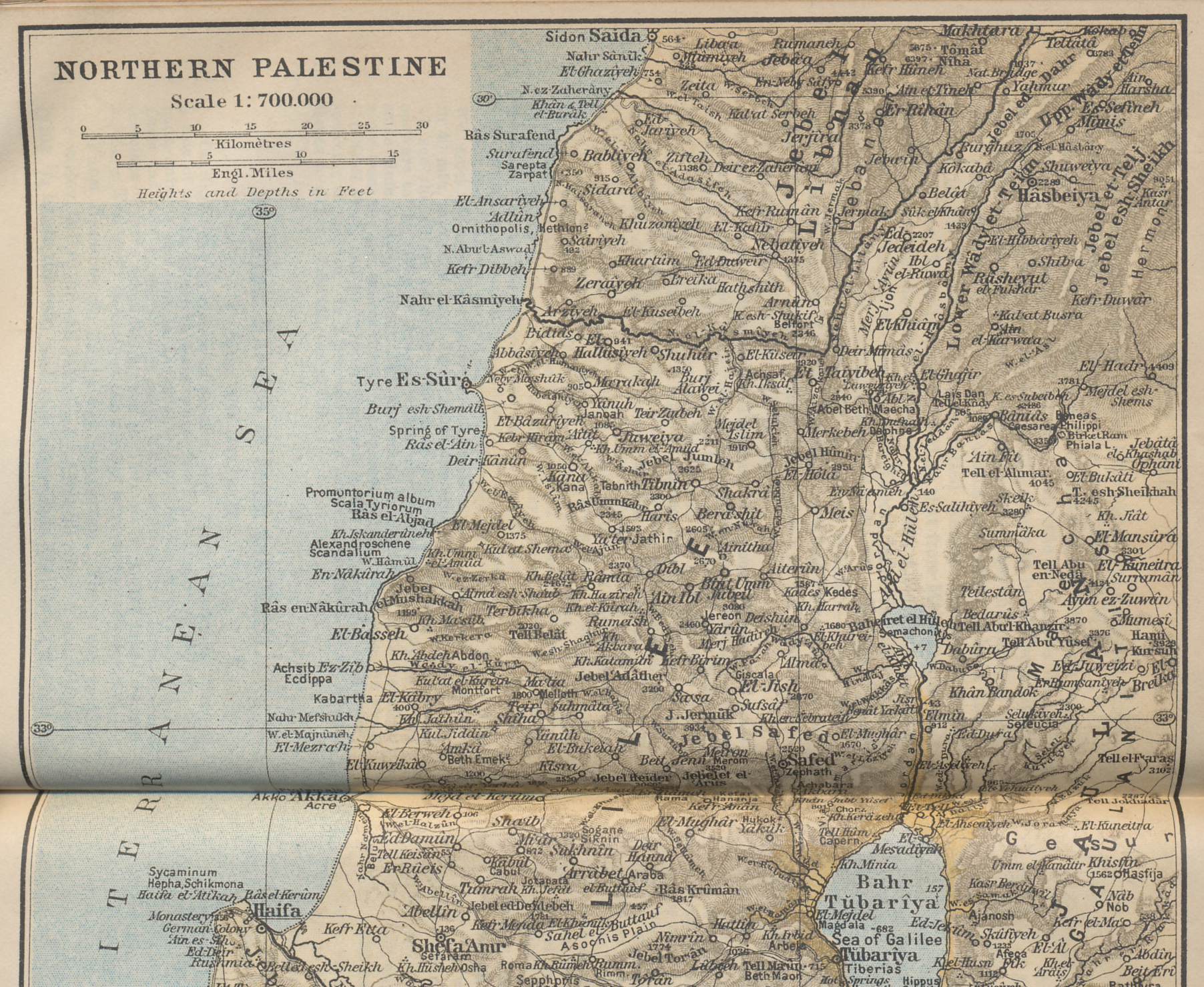 Northern Palestine (northern portion) from 'Palestine and Syria with Routes through Mesopotamia and Babylonia and with the Island of Cyprus' by Karl Baedeker
Text:
Northern Palestine
Scale 1:700,000
