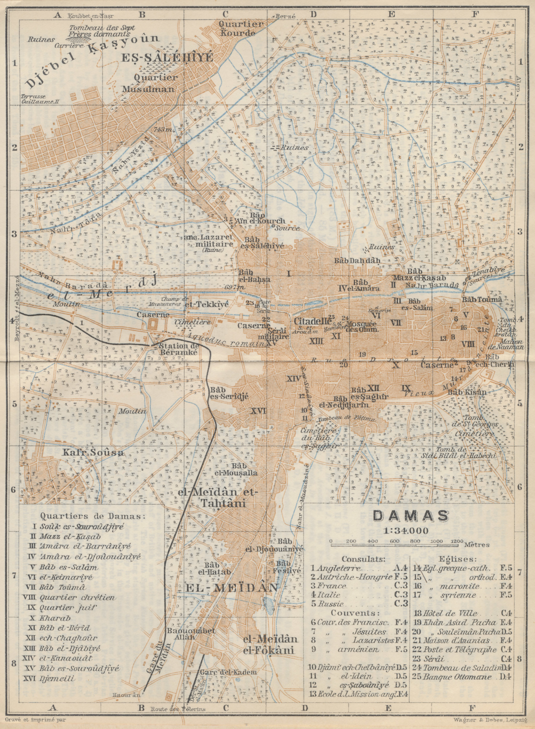 Map of Damascus from 'Palestine and Syria with Routes through Mesopotamia and Babylonia and with the Island of Cyprus' by Karl Baedeker.