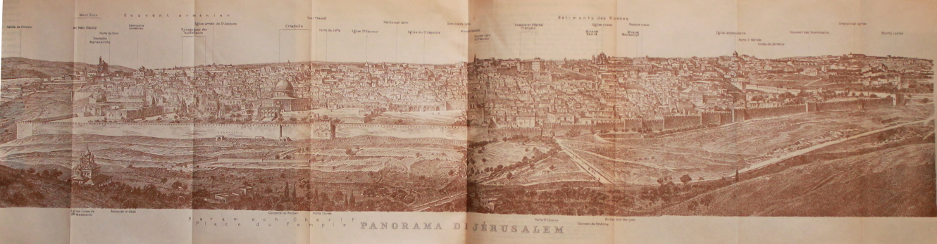 Panorama of Jerusalem from 'Palestine and Syria with Routes through Mesopotamia and Babylonia and with the Island of Cyprus' by Karl Baedeker, a 1912 guide book.
Text:
Panorama di Jérusalem