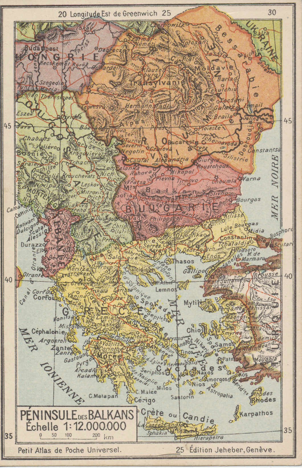 Postwar postcard map of the Balkans including Albania, newly-created Yugoslavia, expanded Romania, and diminished former Central Powers Bulgaria and Turkey. The first acquisitions of Greece in its war against Turkey are seen in Europe where it advanced almost to Constantinople, in the Aegean Islands from Samos to Rhodes, and on the Turkish mainland from its base in Smyrna. The Greco-Turkish war was fought from May 1919 to 1922. The positions shown held from the war's beginning to the summer of 1920 when Greece advanced eastward. Newly independent Hungary and Ukraine appear in the northwest and northeast.
Text:
Péninsule des Balkans
Échelle 1:12.000.000
Petit Atlas de Poche Universel
25 Édition Jeheber Genève
Reverse:
No. 20  Édition Jeheber, Genève (Suisse)
Balkans

Roumanie
(Royaume.)
Superficie . . . 290 000 sq. km.
Population . . . 16 000 000 hab. (50 par sq. km.
Capitale: Bucarest . . . 338 000 hab.

Bulgarie
(Royaume.)
Superficie . . . 100 000 sq. km.
Population . . . 4 000 000 hab. (40 par sq. km.)
Capitale: Sofia . . . 103 000 hab.

Grèce
(Royaume. Capitale: Athènes.)
En Europe (y compris la Crète et les iles) 200 000 sq. km. 6 000 000 hab. 30 p. sq. km.
En Asie mineure . . . 30 000 sq. km 1 300 000 hab. 43 p. sq. km.
Total 230 000 sq. km. 7 300 000 hab. 32 p. sq. km.
Ville de plus de 50 000 habitants:
Smyrne (Asie) . . . 350 000 hab.
Athènes . . . 175 000 hab.
Salonique . . . 150 000
Andrinople . . . 70 000 hab.
Pirée . . . 70 000 hab.

Turquie d'Europe
(Empire Ottoman.)
Superficie . . . 2 000 sq. km.
Population . . . 1 100 000 550 par sq. km.
Capitale: Constantinople 1 000 000 hab.

Albanie
Superficie . . . 30 000 sq. km.
Population . . . 800 000 hab. (27 par sq. km.)
Villes: Scutari . . . 30 000 hab.
Durazzo . . . 5 000 hab.

Yougoslavie
Voir le tableau des statisques de ce pays, ainsi que la carte de la partie occidentale de la Yougoslavie, sur la carte d'Italie.

Inst. Géog. Kummerl