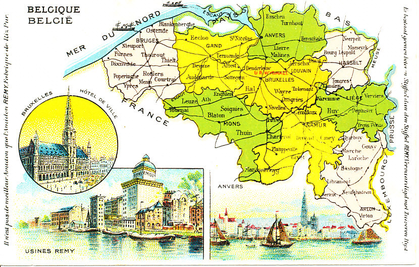 Color postcard map of Belgium, its provinces, railroad lines, major towns and cities, and North Sea coast and borders with the Netherlands, Germany, Luxemburg, and France. Insets show City Hall in the capital of Brussels, a view from the water of the port of Antwerp, and the Remy factory, starch manufacturer.
Text in French and Dutch: "Il n'est pas de meilleur Amidon que l'Amidon REMY, Fabrique de Riz Pur." and "Er bestaat geenen beteren Stijfsel dan den Stijfsel REMY, Vervaardigd met Zuiveren Rijst." (There is no better starch than Remy Starch, made of pure rice.)