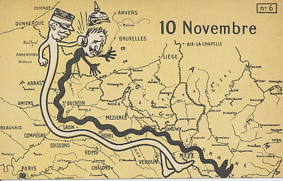 The Blow on the Yser, November 10, 1914, the sixth in a series of six postcards on the German invasion of France and the forming of the Western Front. The snaking bodies of French commander %+%Person%m%10%n%Joffre%-% and German %+%Person%m%3%n%Kaiser Wilhelm%-% turned to the north after the %+%Event%m%18%n%Battle of the Marne%-%, shaping the %+%Event%m%109%n%Race to the Sea%-%. Joffre has struck the Kaiser a roundhouse blow, sending his helmet flying. In the Battle of the Yser, the Belgian army, determined to hold native ground, inundated the coastal lowland along the Yser River. Behind Joffre's head is the small corner of Belgium they held throughout the war.
From L'Attaque & la Riposte — Originale présentation des phases de la Guerre
Ehrmann, Édition Lorraine, a set of six postcards and envelope.
Over maps of the French theater of operations on the western front in 1914 — Luxemburg, Belgium, northern France — cartoon figures of the French and German armies struggle. General Joffre represents the forces he commands. His adversary's upward-pointing mustache indicates Kaiser Wilhelm.
The titles of the cards appear only on the envelope.
1re Série
On the reverse of each card: Carte Postale
Tous les Pays étrangers n'acceptent pas la Correspondance au recto. (Se renseigner a la Poste).
Edition Lorraine