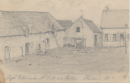Regimental Command Post. A 1917 German pencil sketch of a farm house and barn in Flanders serving as a regimental command post. I cannot make out the name of the artist.
Text:
Regt. Gefechtsstand  7.2 22.? Flandern 1917
Reverse: blank