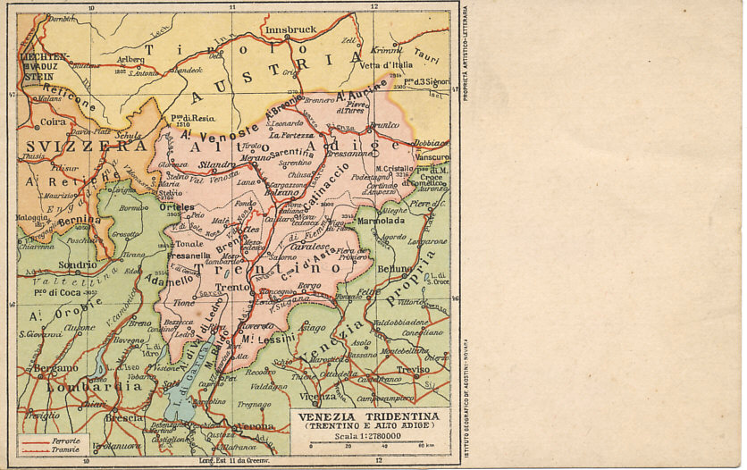 Postcard map of Trentino and Alto Adige (Venezia Tridentina) regions in Austria-Hungary with substantial Italian-speaking populations. Many Italians considered them part of Italia Irredenta, unredeemed Italy, and strove to obtain them by diplomacy or war, and incorporate them into Italy.
Text:
Venezia Tridentina (Trentino e Alto Adige)
Ferrovie, Tramvie
Railroads, Tramways
Instituto Geografico de Agostini-Novara
Proprieta Artistico-Letteraria