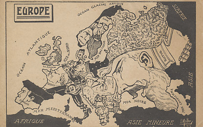 Caricature map of Europe by E. Muller, 1914. Despite the date, the depiction of the Balkans reflects the situation prior to the First Balkan War of 1912-13 in which Turkey lost substantial European territory to Serbia, Greece, Montenegro, Albania, and Bulgaria. It is also overstates the influence of Spain on Portugal in which, after the deposition of King Manuel II in 1910, the Republic of Portugal was declared.
Text:
E Muller, 1914
Europe, its countries, and seas.
Reverse:
Message dated December 31, 1914