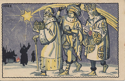 The three kings or wise men (Caspar, Melchior, and Balthasar) follow the Star of Bethlehem bearing gifts for the infant Jesus, passing German soldiers round a fire on their way. Rather than the traditional offerings of gold, frankincense, and myrrh, one king carries a box of Leibniz cookies. One king raises the star before them, giving the scene a stage-set quality. From a series of war advertising cards for Bahlsens Leibniz Cookies. Illustration by HDiez.
Text:
Leibniz Keks
Leibniz Cookies
HDiez
Reverse:
H. Bahlsens Keksfabrik, Hannover.
Message dated December 26, 1915, and field postmarked the 28th, the 8th Bavarian Reserve Division.