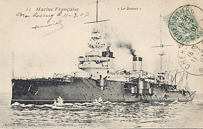 The French battleship Bouvet, sunk by a mine March 18, 1915 in the Allied naval attempt to %+%Event%m%65%n%force the Dardanelles%-%. Postmarked Cherbourg, March 11, 1907.
Text:
Marine Française, Le Bouvet
Edition Maison Ratti, Nouveautés, Cherbourg

French Navy, the Bouvet 
Ratti Publishing House, Nouveautés, Cherbourg