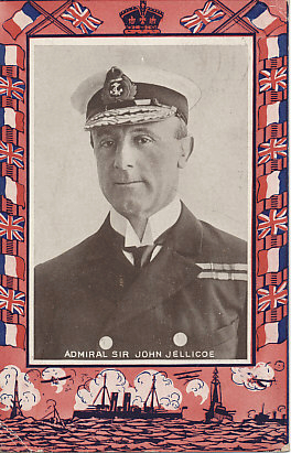 Portrait postcard of Admiral Sir John Jellicoe of the Royal Navy. Appointed Commander of the British Home Fleets on August 2, 1914, Jellicoe was criticized for his leadership of the British fleet during the May 31, 1916 Battle of Jutland in which he failed to decisively defeat the German High Seas Fleet. He was made First Sea Lord later that year. The card was postmarked from Glasgow, Scotland, on January 7, 1915.
Text:
Admiral Sir John Jellicoe