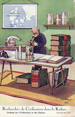 A chemist in neutral Denmark conducts research on culture, looking for it under a microscope. A German pickelhaube sits on his desk, and a German fetus or infant wearing one is preserved in a glass jar before him. Over his shoulder is a map of the kingdom of Denmark, the province of Schleswig immediately to its south, lost to Germany in 1864 in the Second Schleswig.  One of a series of 1916 postcards on neutral nations by Em. Dupuis.
Text:
Recherchés de Civilisation dans la Kultur. Looking for Civilisation in the Kultur. Danemark
On the map, jars, and beaker: Rayaume de Danemark; Sleswig 1863; Kulture, Bouillon Kultur
Signed: Em. Dupuis 1916
Reverse:
Visé Paris. No. ???
Logo: Paris Color 152 Quai de Jemmapes