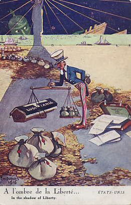 Uncle Sam weighs the lives lost in the German sinking of the Lusitania (and other ships, as seen on the horizon) to his cash flow from selling weapons and other supplies to the combatants, particularly the allies. The moneybags have tipped the scales. A 1916 postcard by Em. Dupuis.