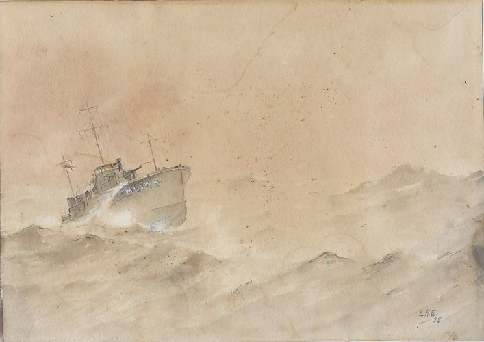 Watercolor of Royal Navy motor launch ML148, by LHS, 1918. The motor launch was a small vessel designed for harbor defense and anti-submarine work. The Elco company built 580 between 1915 and 1918 in three series of different lengths: 1 to 50 (75 ft.), 51 to 550 (86 ft.), and 551 to 580 (80 ft.). The original armament of a 13 pound cannon was later replaced by three depth charges. Signed: L.H.S. 18