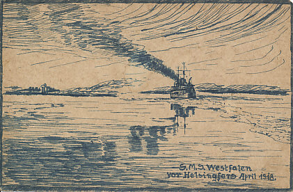 Ink drawing of the German battleship SMS Westfalen off Helsingfors (Helsinki), Russia, April 1918. From Paul to his brother.
Text:
S.M.S. Westfalen vor Helsingfors April 1918.
Reverse:
Zum Erinnerung Helsingfors, am(?) 28 April 1918.
dein Bruder (?)
Paul.
Memento of Helsinki, April 28, 1918.
Your brother,
Paul