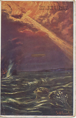 God punish England & destroy Italy! A sailor drowns. The hand and sword of God blaze from the heavens as a ship begins to sinks, either struck by a torpedo or having struck a mine. In the distance a Zeppelin approaches the coast. A submarine may lurk.
Text:
Gott strafe England & vernichte Italien!
God punish England & destroy Italy!
Reverse:
Postkarte . . . Wien
B.K. W. I. 259-123