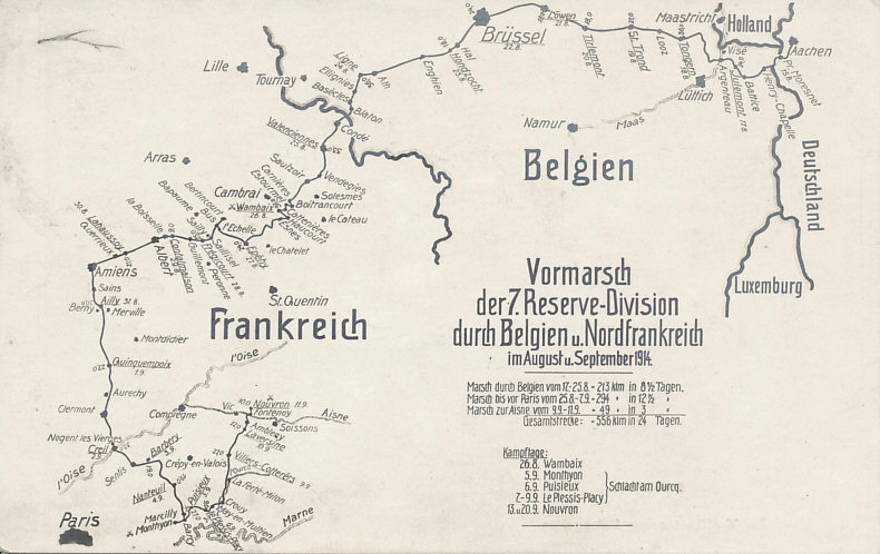 The advance of the 7th Reserve Division, part of the 4th Reserve Corps and of von Kluck's First Army, from Germany thru Belgium and northern France in August and September 1914, showing von Kluck's turn to the southeast away from Paris and exposure of his right flank to the French counterattack from the city. The 7th Division played a part in the Battles of the Marne and the Ourcq. The Division suffered heavily on September 6 and 7.