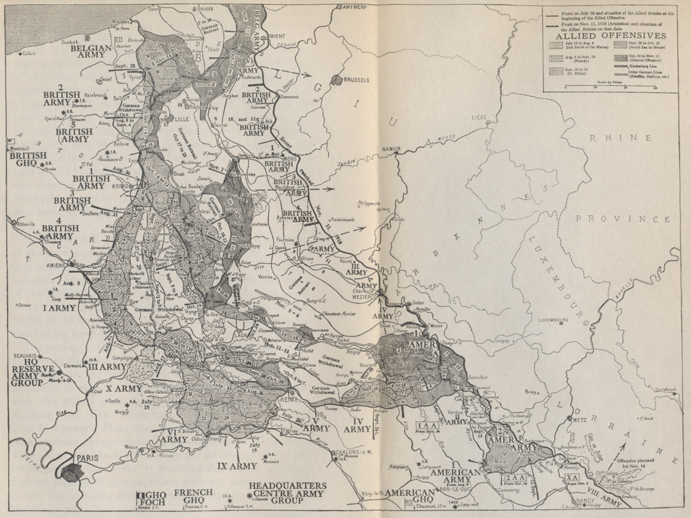 Map of the Allied offensives of 1918, from July 18 and the Second Battle of the Marne to the Armistice on November 11. From 'The Memoirs of Marshall Foch' by Marshall Foch.