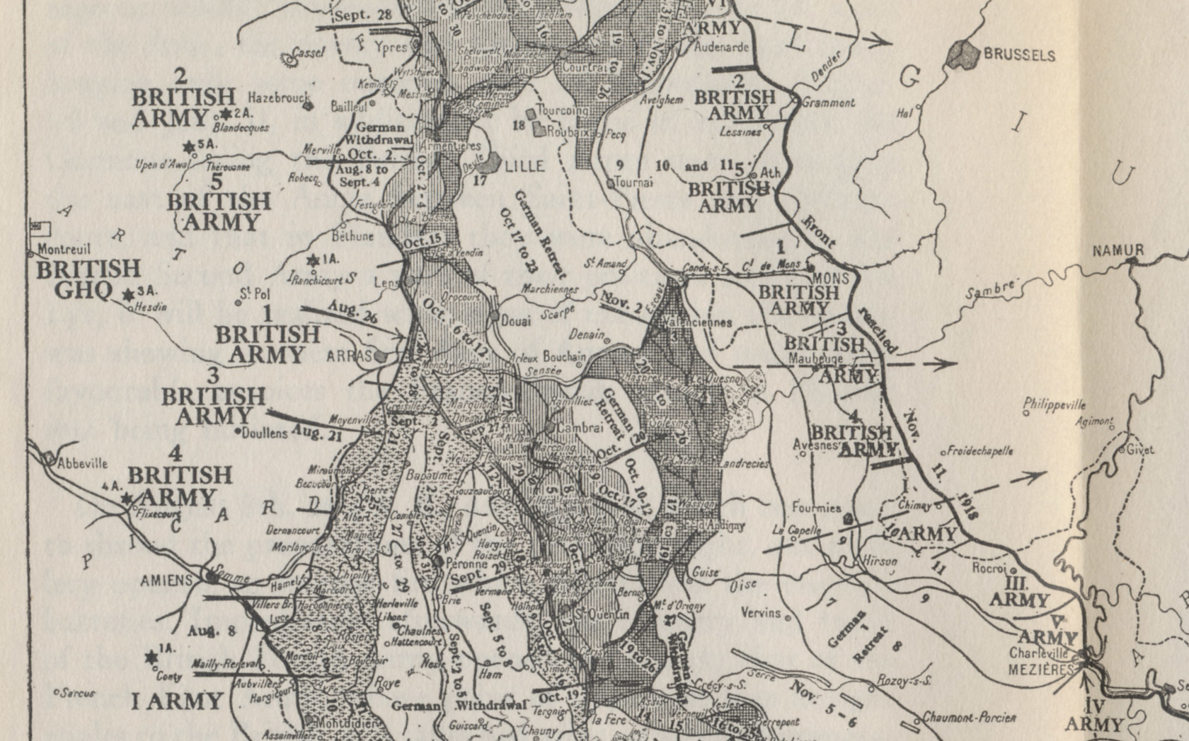 Detail showing the British sector of the Western Front from a map of the Allied offensives of 1918, from July 18 and the Second Battle of the Marne to the Armistice on November 11. From %i1%The Memoirs of Marshall Foch%i0% by Marshall Foch. The 1st and other armies to the south are French.