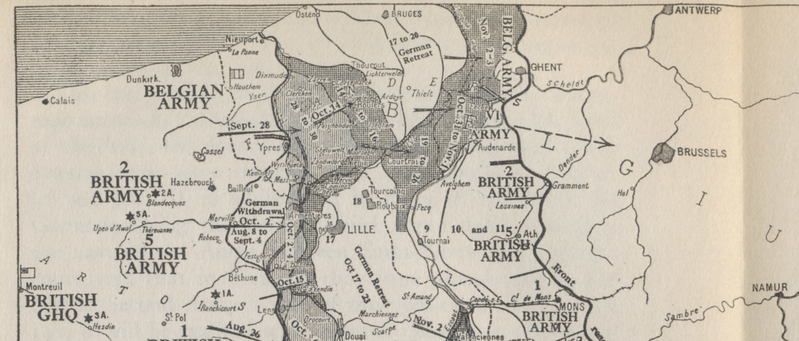 Detail showing the northern, Belgian sector of the Western Front from a map of the Allied offensives of 1918, from July 18 and the Second Battle of the Marne to the Armistice on November 11. From 'The Memoirs of Marshall Foch' by Marshall Foch.
