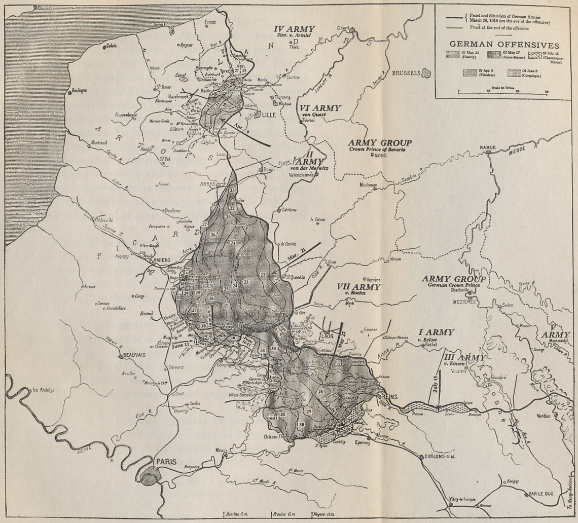 Map of the 1918 German offensives on the Western Front from 'The Memoirs of Marshall Foch' by Marshall Ferdinand Foch.
Text:
German Offensives
Of Mar. 21 (Picardy)
Of May 27 (Aisne-Marne)
Of July 15 (Champagne-Marne)
Of Apr. 9 (Flanders)
Of June 9 (Compiegne)
Front and situation of the German Armies March 20, 1918 (on the eve of the offensive)
Front at the end of the offensive
Scale of miles