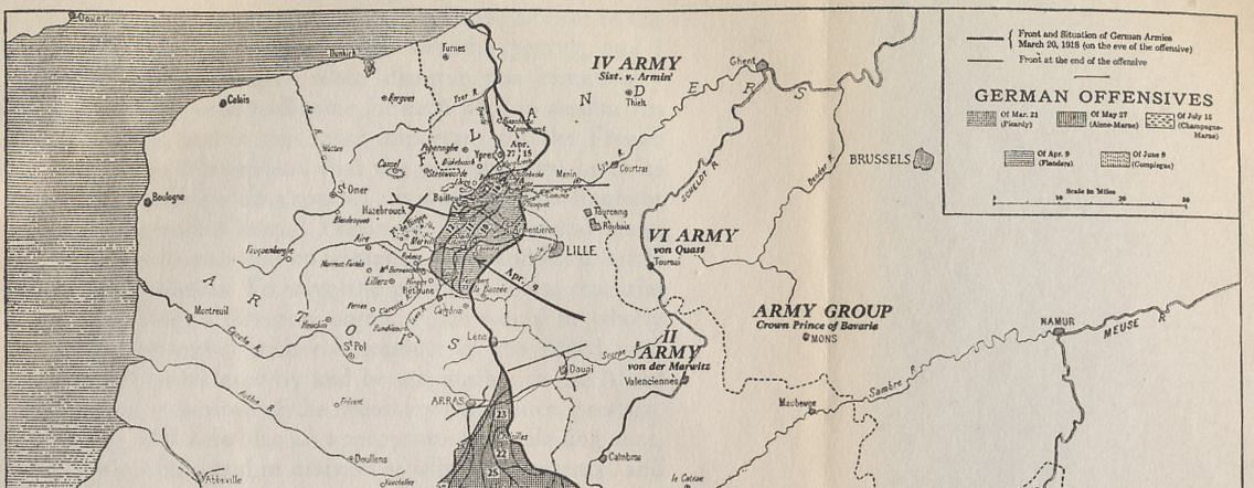 Northern detail showing Operation Georgette, the Lys Offensive, from a map of the 1918 German offensives on the Western Front from 'The Memoirs of Marshall Foch' by Marshall Ferdinand Foch. The white area north of the German advance shows the British strategic retreats of April 15/16 and April 27 that shortened the line of the Ypres salient.