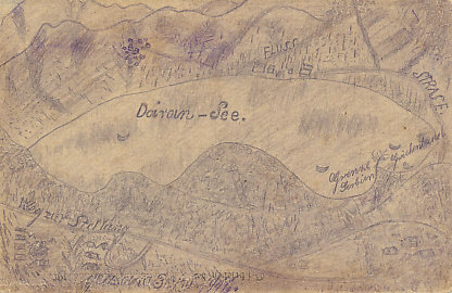 German pencil sketch of Lake Doiran, on the Greco-Serbian border, site of a battle in which the Bulgarians defeated the French, English, and Serbians in December, 1915, and of the Battle of Doiran in September 1918. Tents can be made out in the foreground. It looks to be dated March 30, 1916 (30 III 1916).
