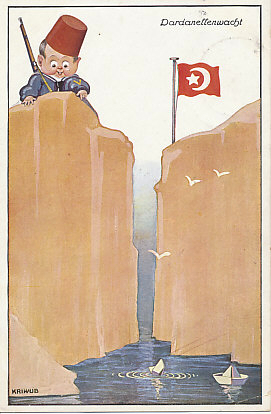 A child soldier guarding the Dardanelles, points to a sinking folded paper boat. He stands on the northern, European side; a Turkish flag flies on the southern, Asian side. He wears a Turkish fez and what may be a German naval blouse. German officers, sailors, and artillery crews supplemented the Turkish defenders of the Dardanelles. On March 18, 1915, the Turks sank or badly damaged some of the French and British warships trying to break through to Constantinople, leading the Allies to end their attempt to force the Dardanelles.
Text:
Dardanellenwacht
Kriwub
Dardanelles Watch
Reverse:
Verlag Novitas, G.m.B.H., Berlin SW 68
Logo; No. 256
Message postmarked August 21, 1916
