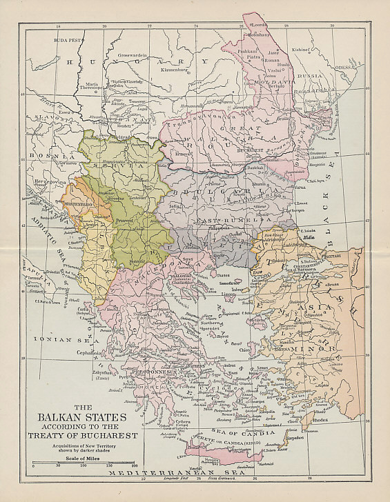 Map showing the territorial gains (darker shades) of Romania, Bulgaria, Serbia, Montenegro, and Greece, primarily at the expense of Turkey, agreed in the Treaty of Bucharest following the Second Balkan War. Despite its gains, Bulgaria also lost territory to both Romania and Turkey.
Text:
The Balkan States According to the Treaty of Bucharest; Acquisitions of New Territory shown by darker shades