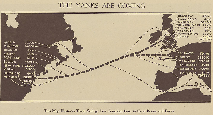 Map of United States troop sailings from Canada and the United States to Great Britain, France, and Italy. Over 2,000,000 Americans sailed, divided roughly equally between Britain and France.