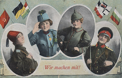 We'll join in! Women beneath the flags of and in the uniforms of the %+%Organization%m%66%n%Vierbund%-% of Turkey, Austria-Hungary, Germany, and Bulgaria, are willing to play their part in the war effort.
Text:
Wir machen mit!
We'll join in!
Reverse:
Dated Augsburg, February 3, 1916