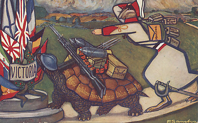 The Allied tortoise climbs the victory podium ahead of the German hare. A postcard by F. Sancha from between March 1916 when Portugal entered the war, and April 1917, when the United States (not included) did. The card was printed in England for a Portuguese audience. Sancha produced other war postcards based on Aesop