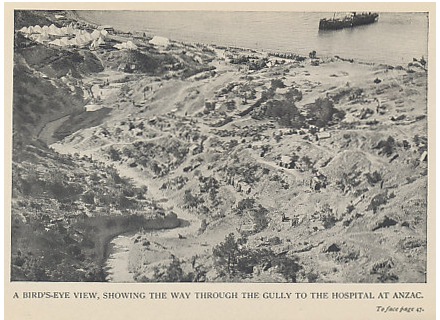 A bird's eye view of the Anzac Cove on the Gallipoli Front, showing the Gully leading to the shore and hospital. From 'Gallipoli' by John Masefield.
Text:
A bird's-eye view, showing the way through the Gully to the hospital at Anzac.