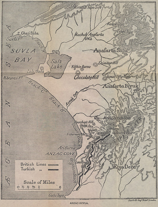 Map of the Gallipoli Peninsula from Suvla Bay to Anzac Cove  from 'Gallipoli' by John Masefield. In landing at Suvla Bay on August 6, 1915, the Allies hoped to open a new sector on Gallipoli that, with a simultaneous advance from Anzac Cove, would break the stalemate that had held since the April 25 invasion. The plan failed. Locations shown include Suvla Bay, the Salt Lake, dry in summer, Ari Burnu or Anzac Cove, named for the Australia and New Zealand Army Corps that held it, Chunuk Bair, where the New Zealanders suffered devastating casualties, and Battleship Hill, deadly to the Australians.
