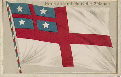 Embossed postcard of the flag of the United Tribes of New Zealand, the first flag of New Zealand, used until the signing of the Treaty of Waitangi in 1840. 
Text:
Neuseeland-Nouvelle-Zélande
New Zealand (German and French)
Reverse:
Logo: HGZ & Co. No. 11658. Dép.